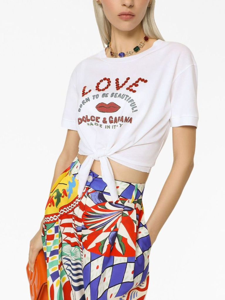 White Cotton Love Rhinestone Cropped T-shirt