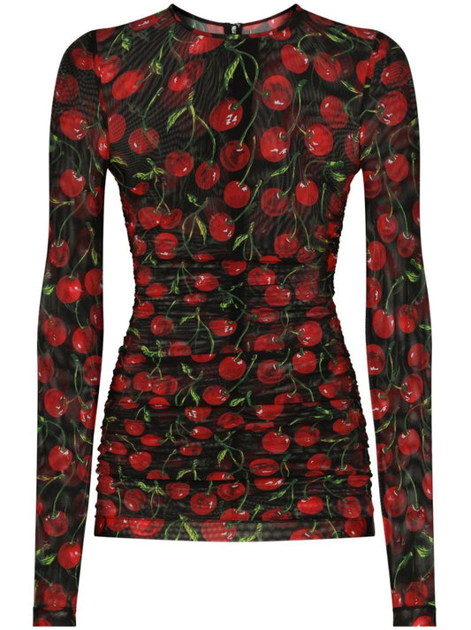 Black Cherry Print Ruched T-shirt