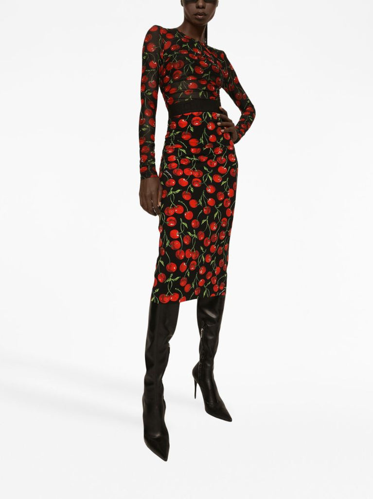 Black Cherry Print Ruched T-shirt