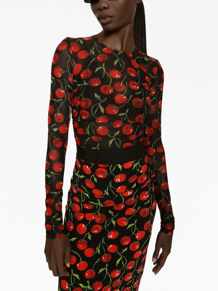 Black Cherry Print Ruched T-shirt