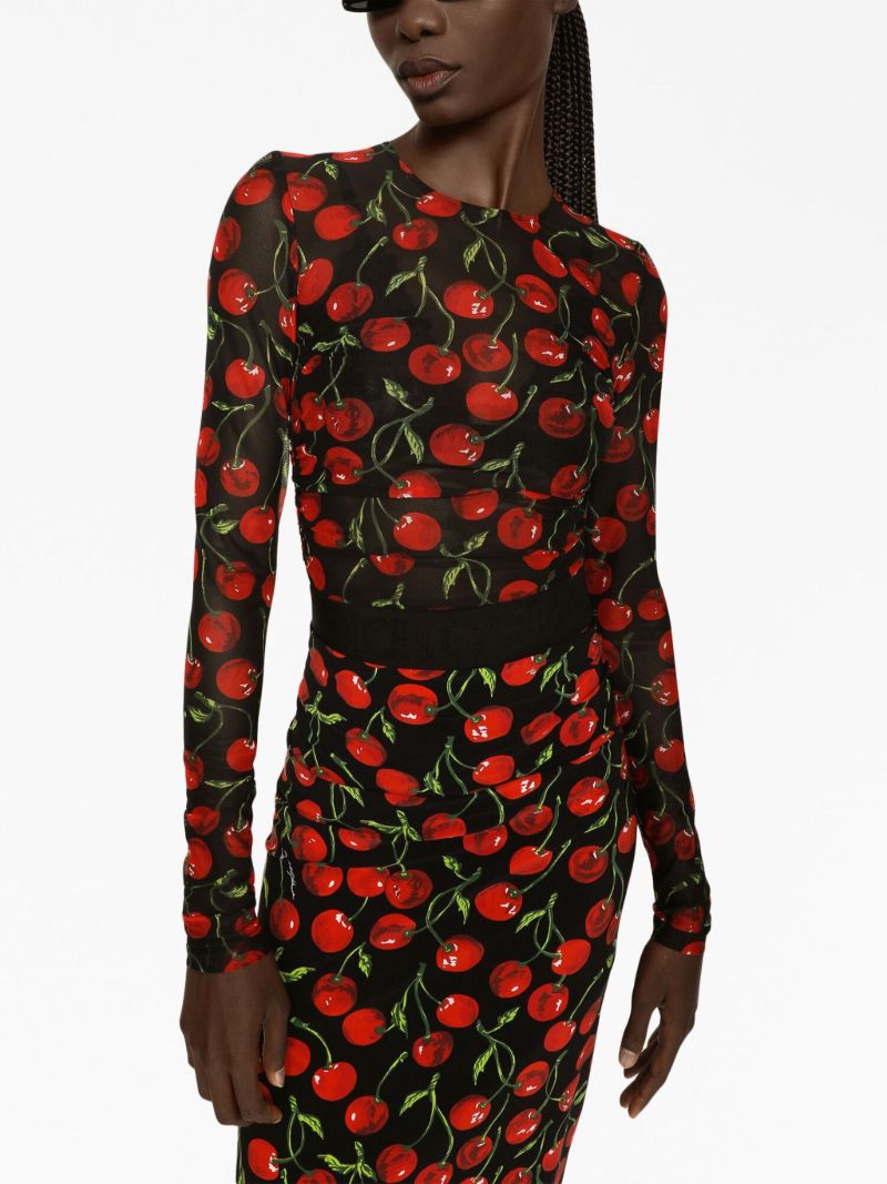 Black Cherry Print Ruched T-shirt