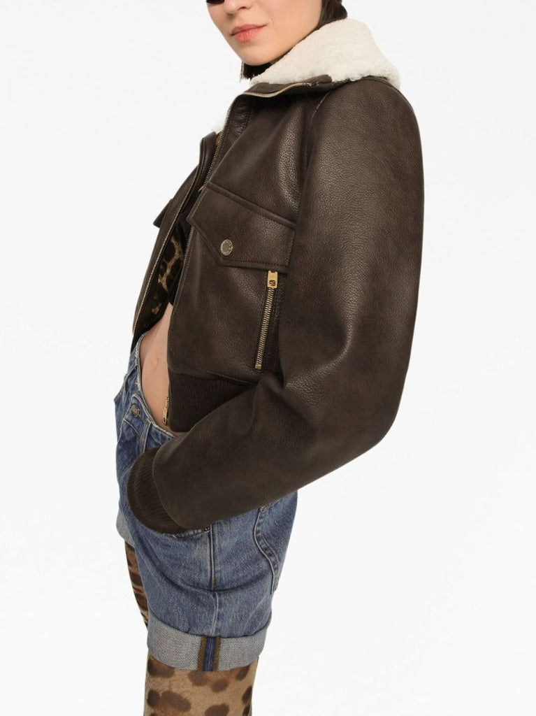 Brown Shearling-collar Bomber Jacket