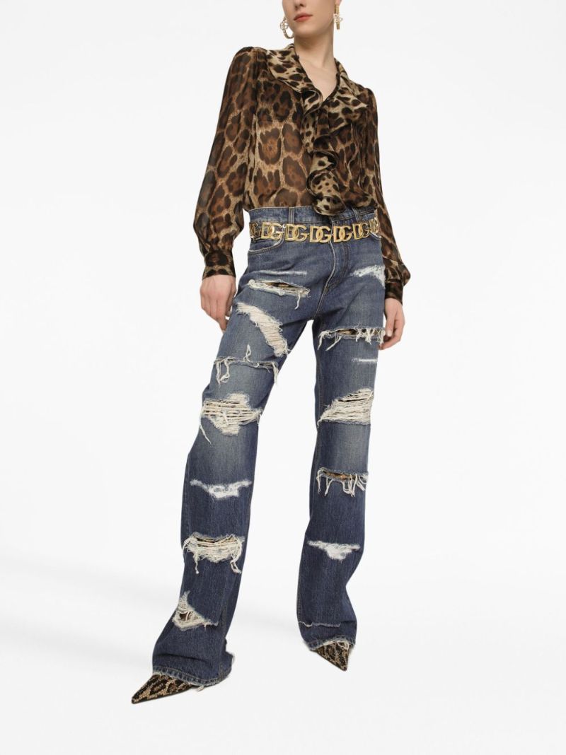 Blue Distressed Straight-leg Jeans