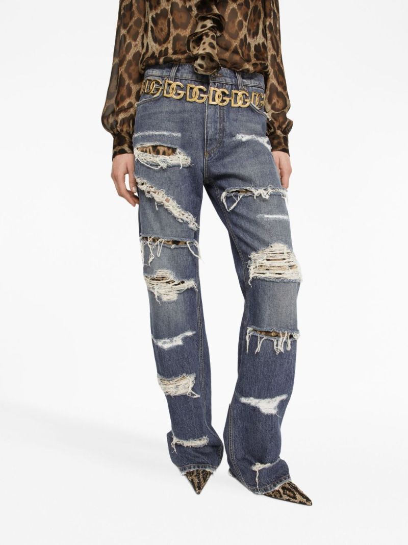 Blue Distressed Straight-leg Jeans