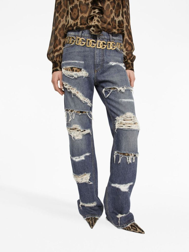 Blue Distressed Straight-leg Jeans
