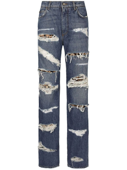 Blue Distressed Straight-leg Jeans