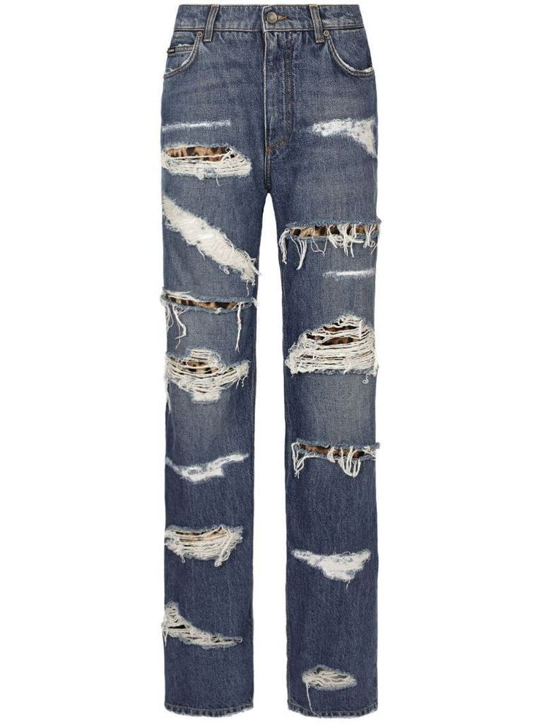 Blue Distressed Straight-leg Jeans