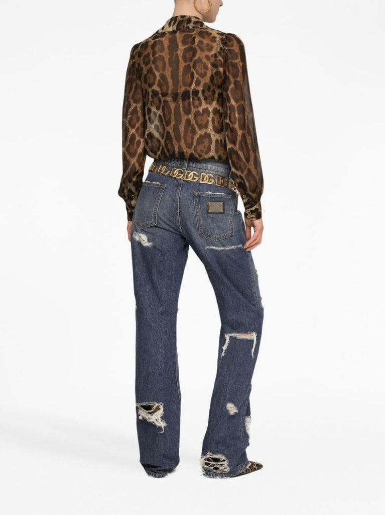 Blue Distressed Straight-leg Jeans