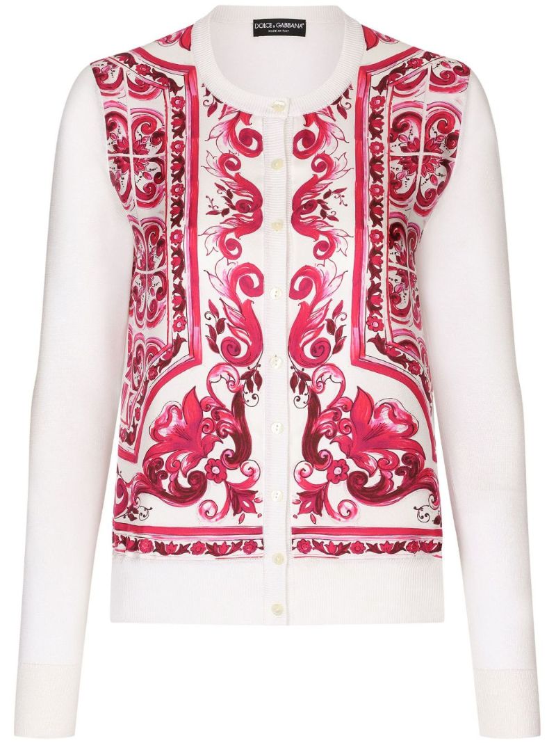 White Silk Majolica Print Cardigan