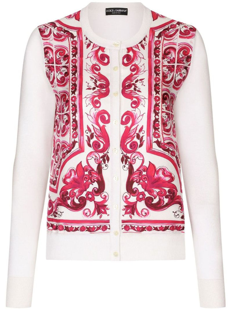White Silk Majolica Print Cardigan