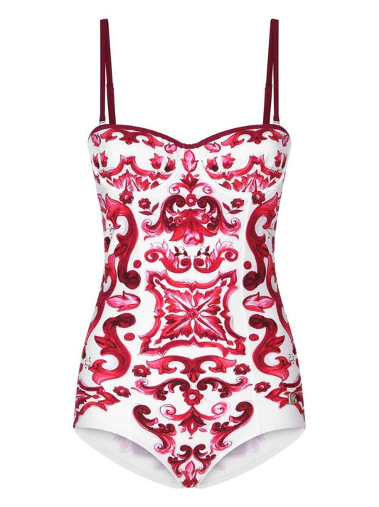 White Majolica Print Swimsuit