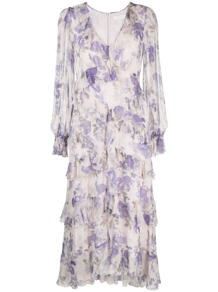 Blue Waterfall Floral-print Silk Dress
