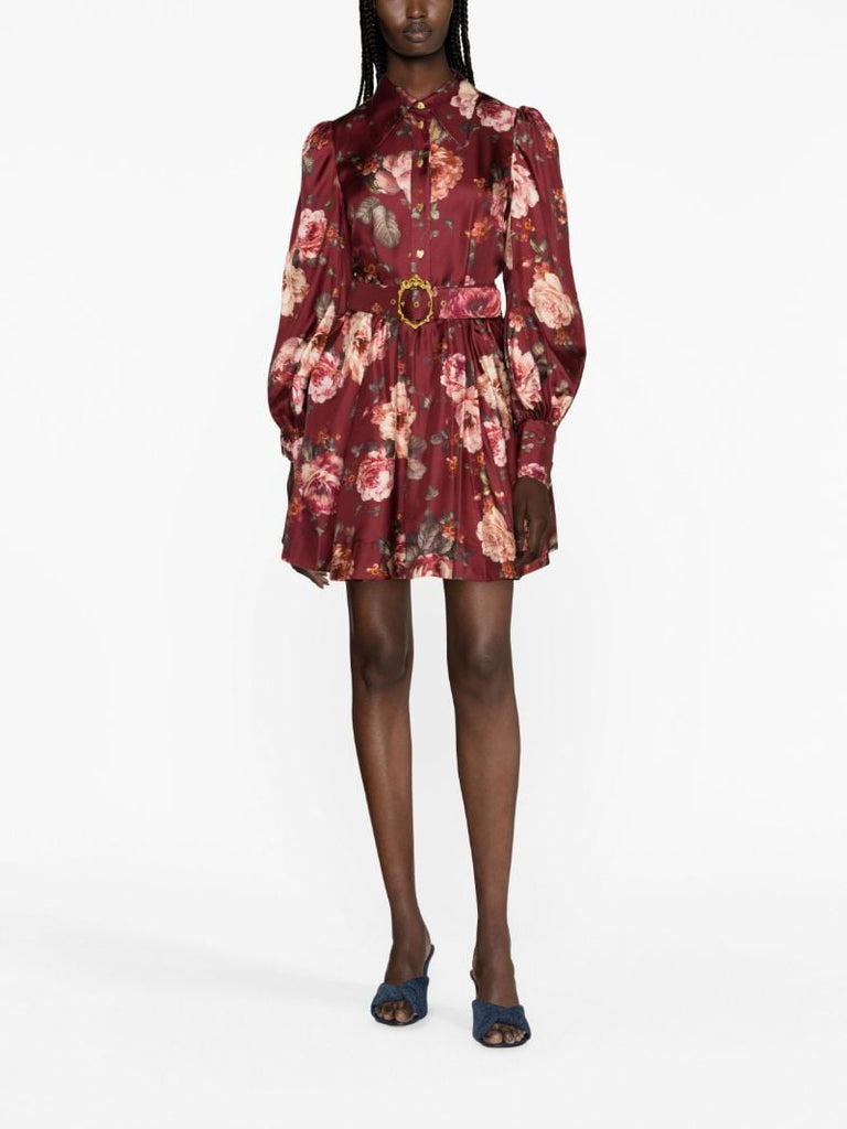 Red Luminosity Silk Floral-print Mini Dress