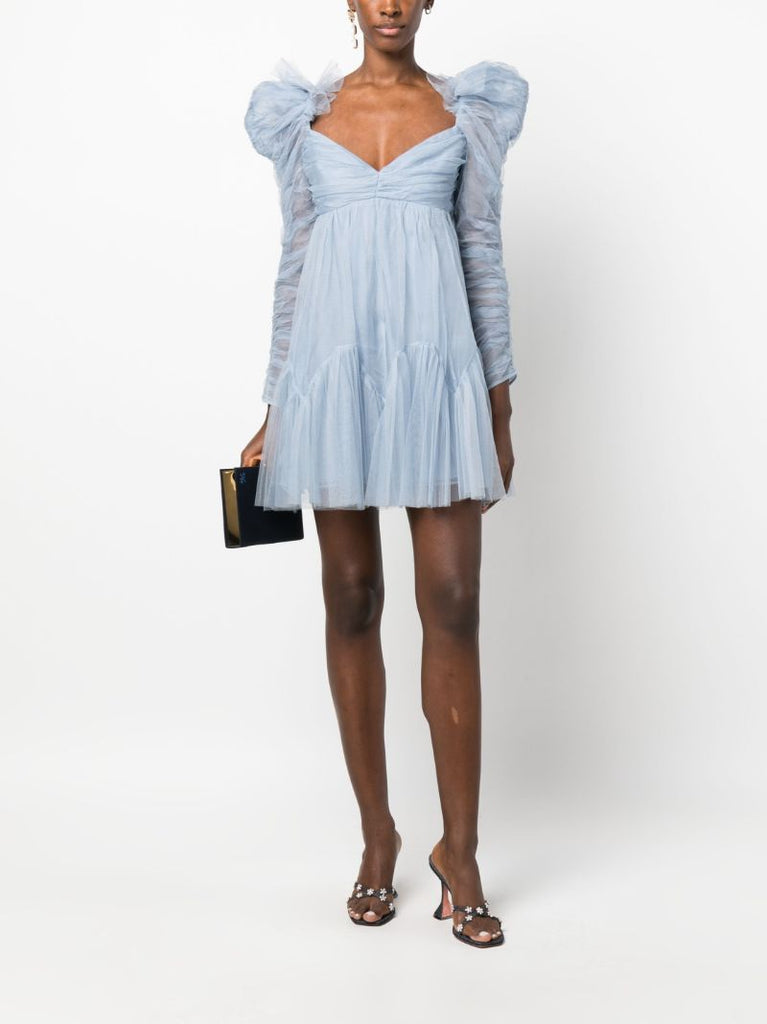 Blue Ruched Tulle Mini Dress