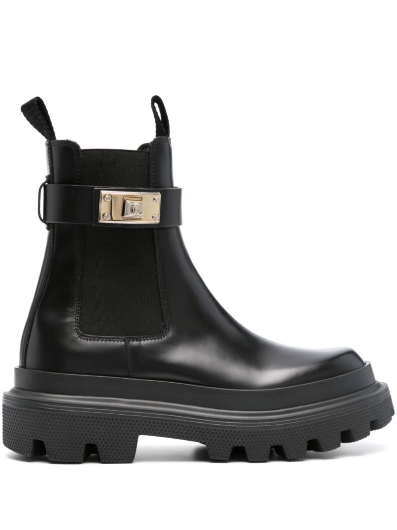 Black Logo-buckle Leather Ankle Boots
