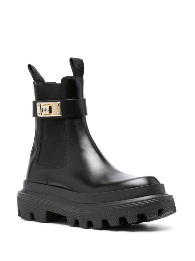 Black Logo-buckle Leather Ankle Boots