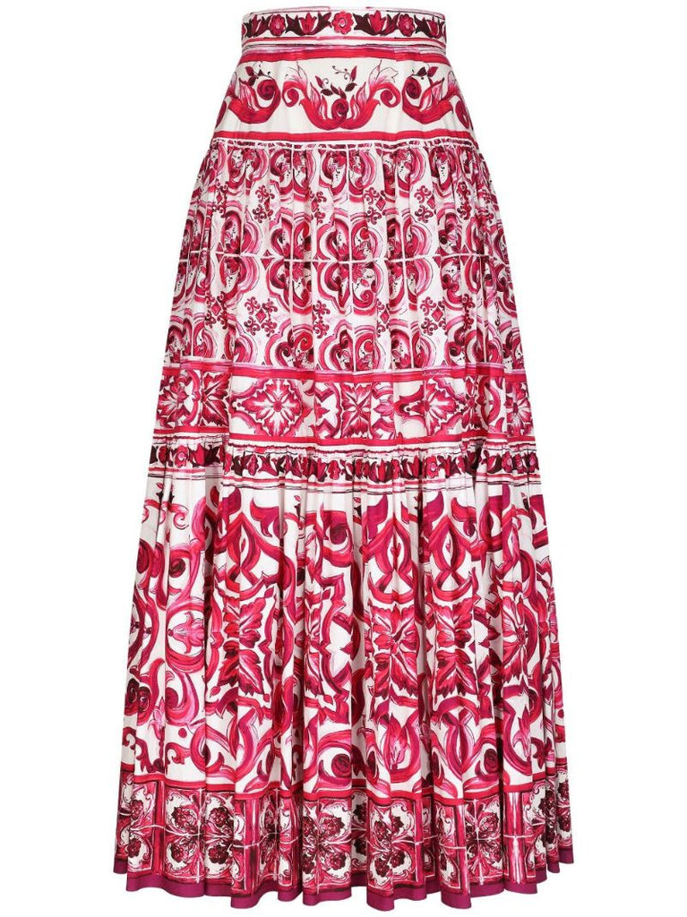 Red Majolica Print Cotton Maxi Skirt