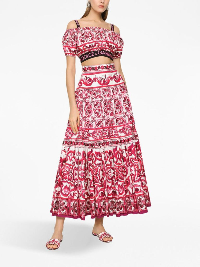 Red Majolica Print Cotton Maxi Skirt