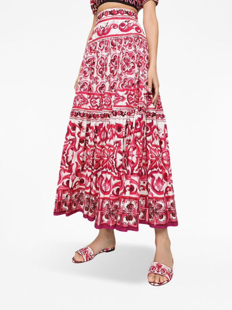 Red Majolica Print Cotton Maxi Skirt