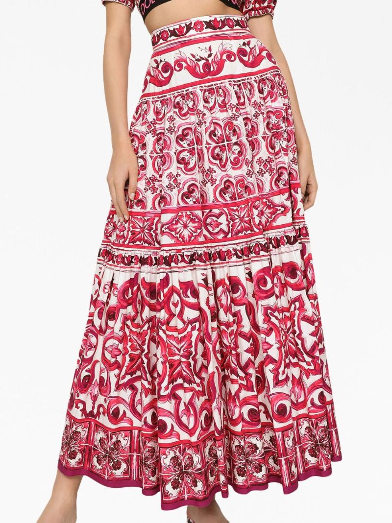 Red Majolica Print Cotton Maxi Skirt
