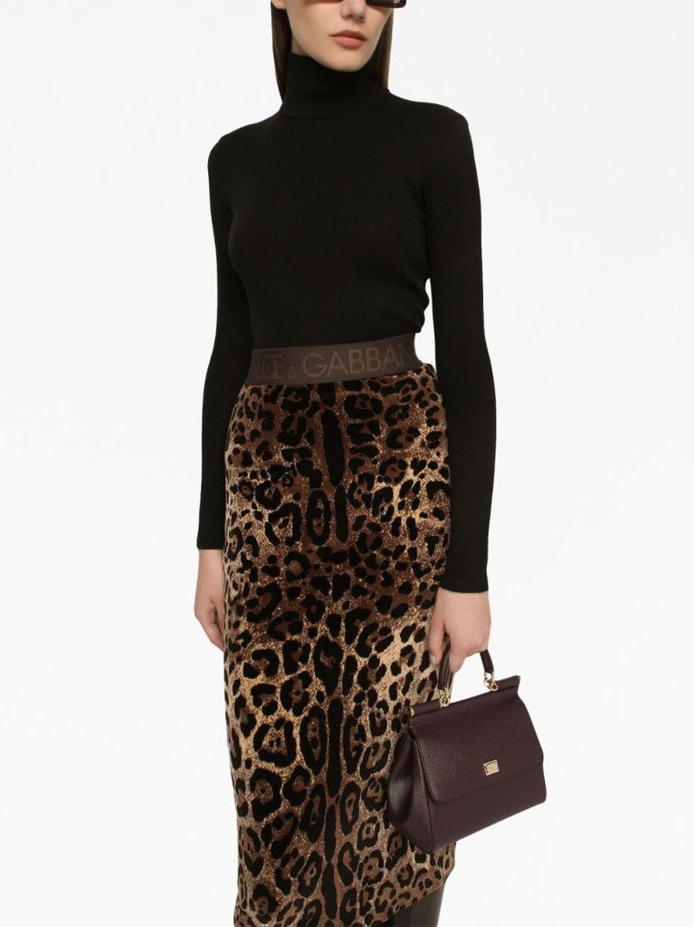 Brown Leopard-jacquard Midi Skirt