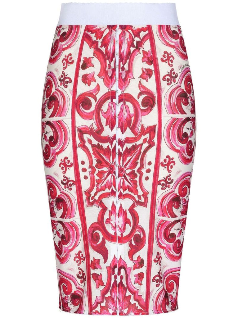 White Majolica Print Pencil Skirt