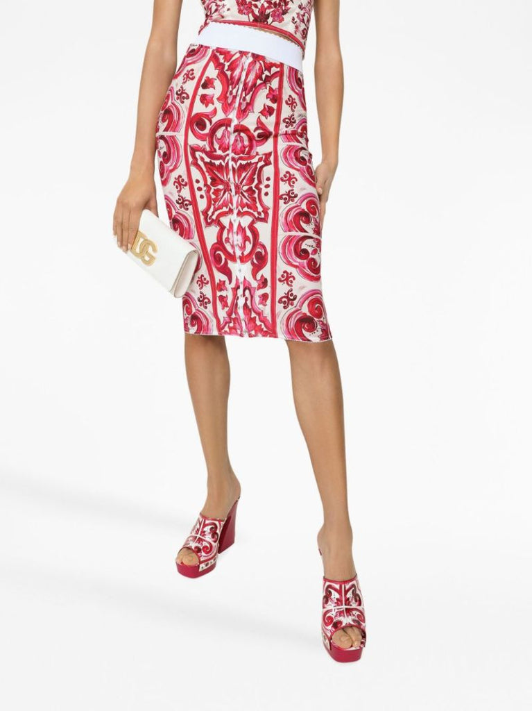 White Majolica Print Pencil Skirt