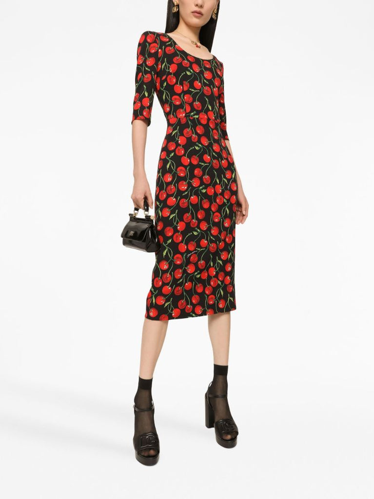 Black Cherry Print Midi Dress
