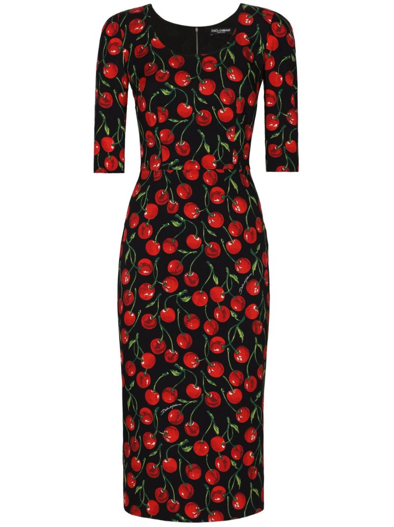 Black Cherry Print Midi Dress