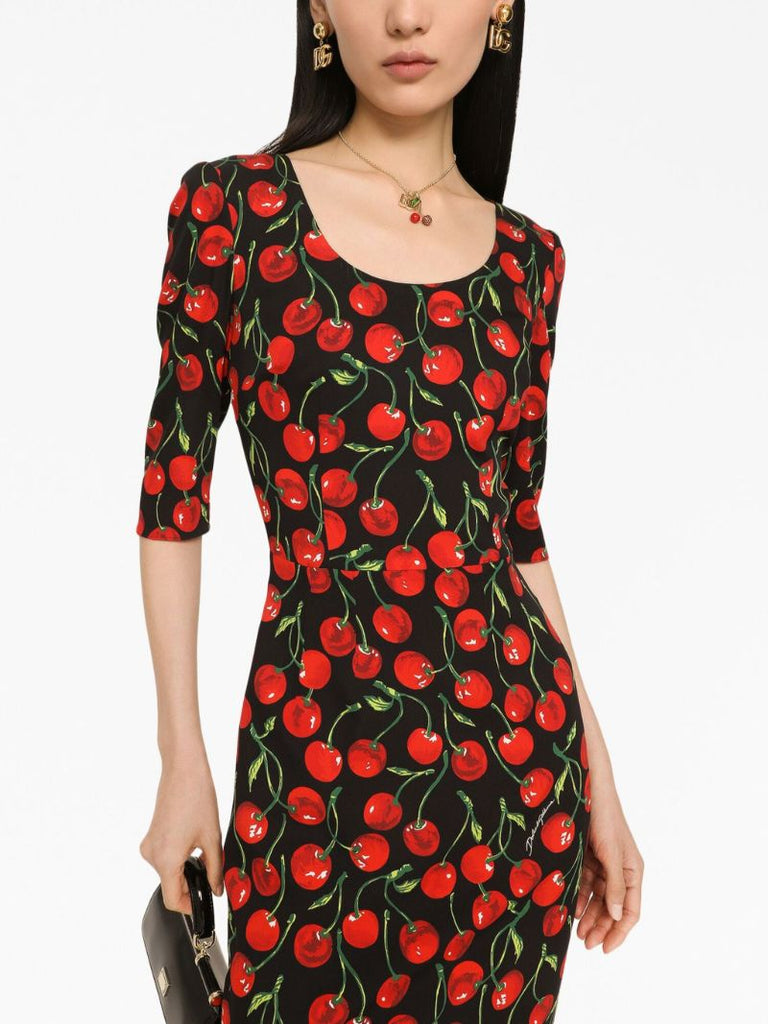 Black Cherry Print Midi Dress