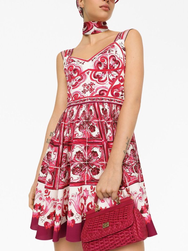 Red Majolica Print Flared Mini Dress
