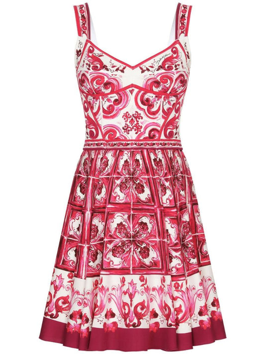 Red Majolica Print Flared Mini Dress