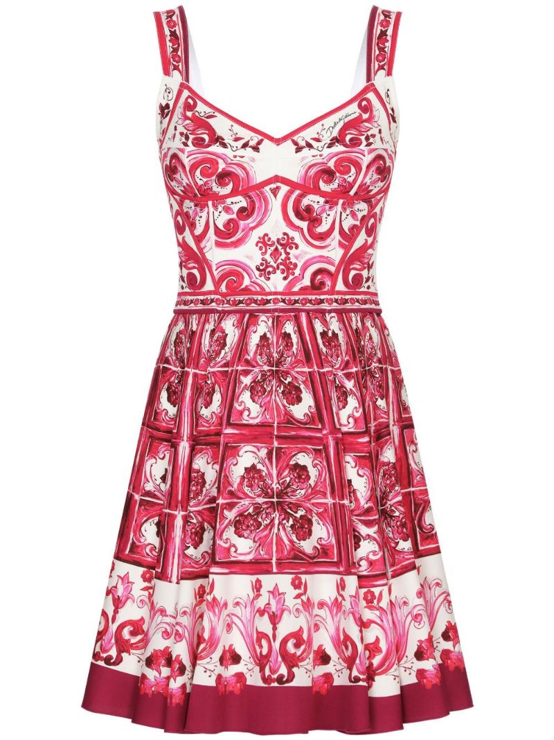 Red Majolica Print Flared Mini Dress