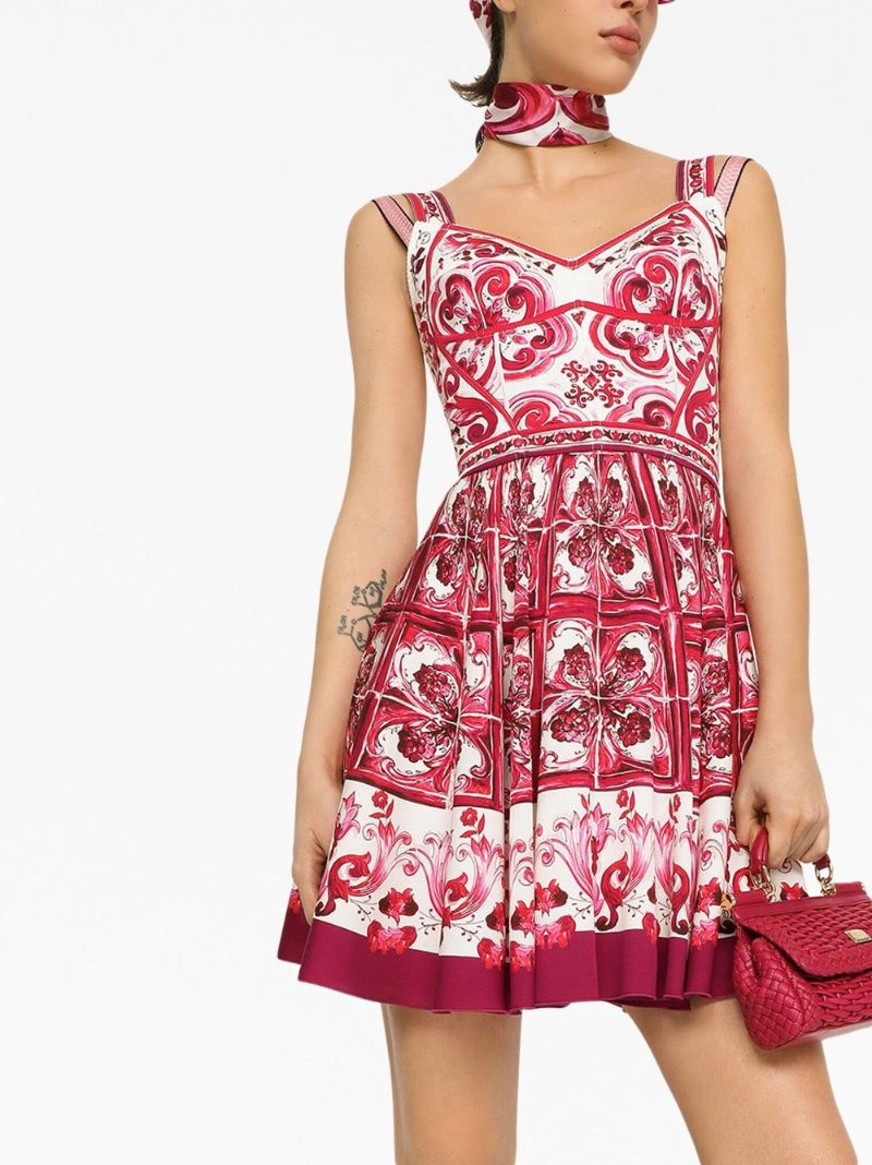 Red Majolica Print Flared Mini Dress