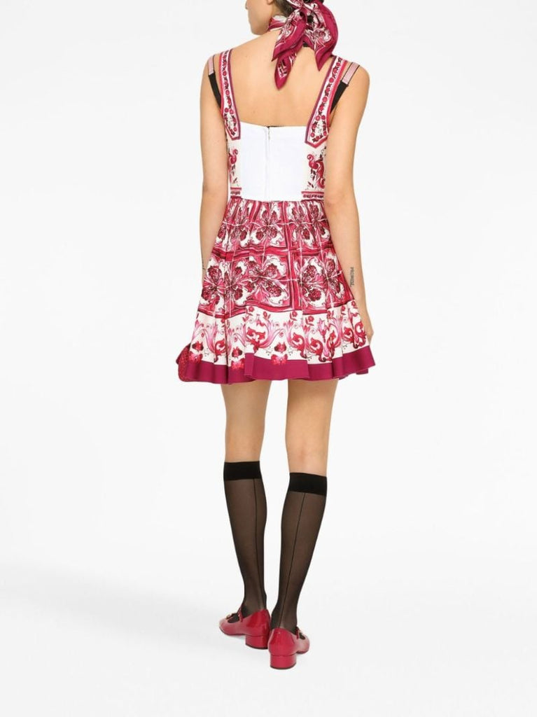 Red Majolica Print Flared Mini Dress