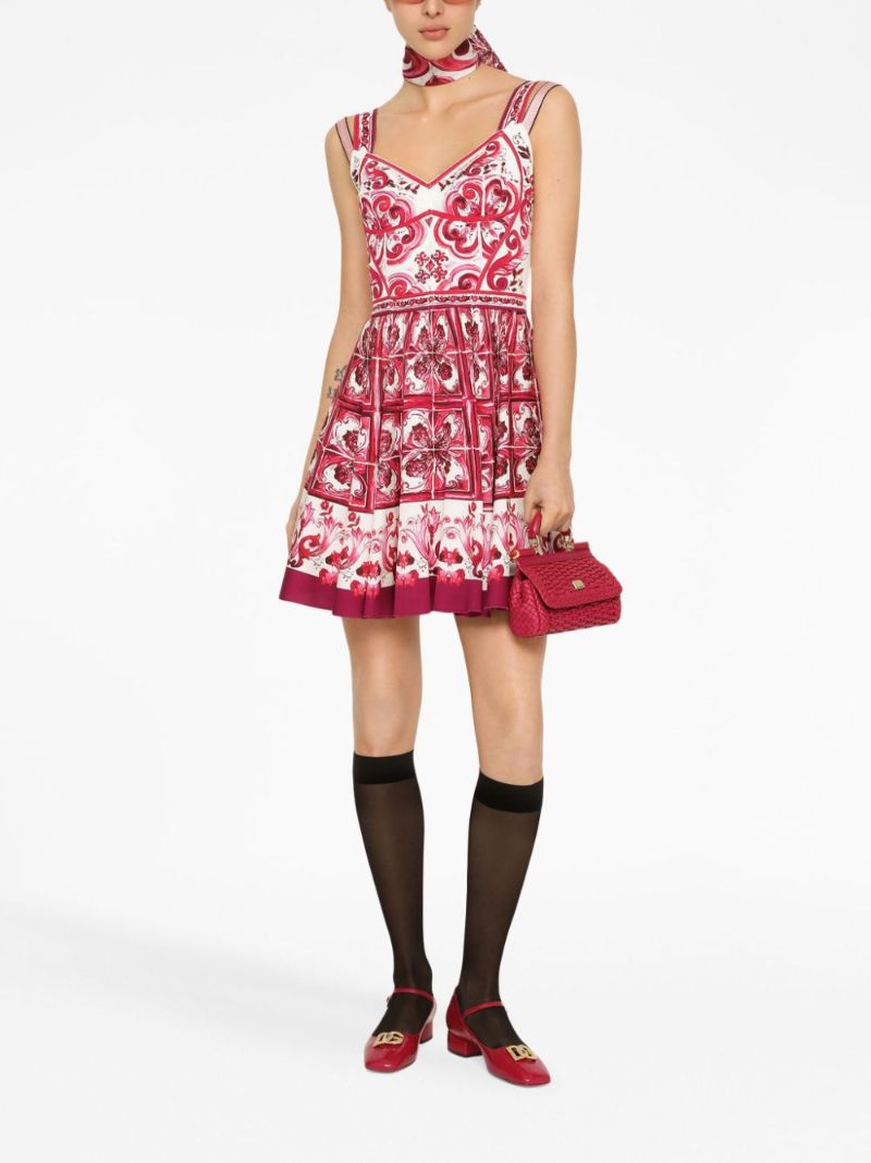 Red Majolica Print Flared Mini Dress