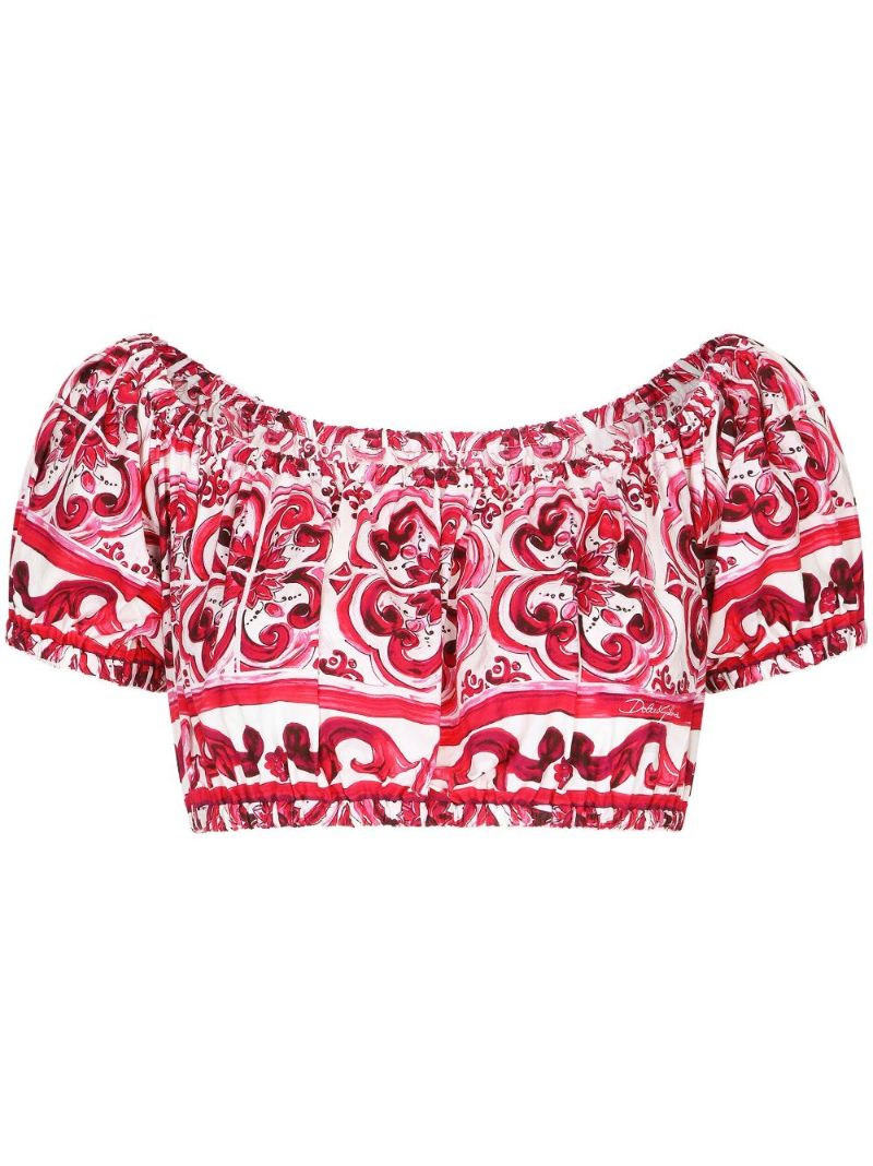White Majolica Print Cropped Blouse