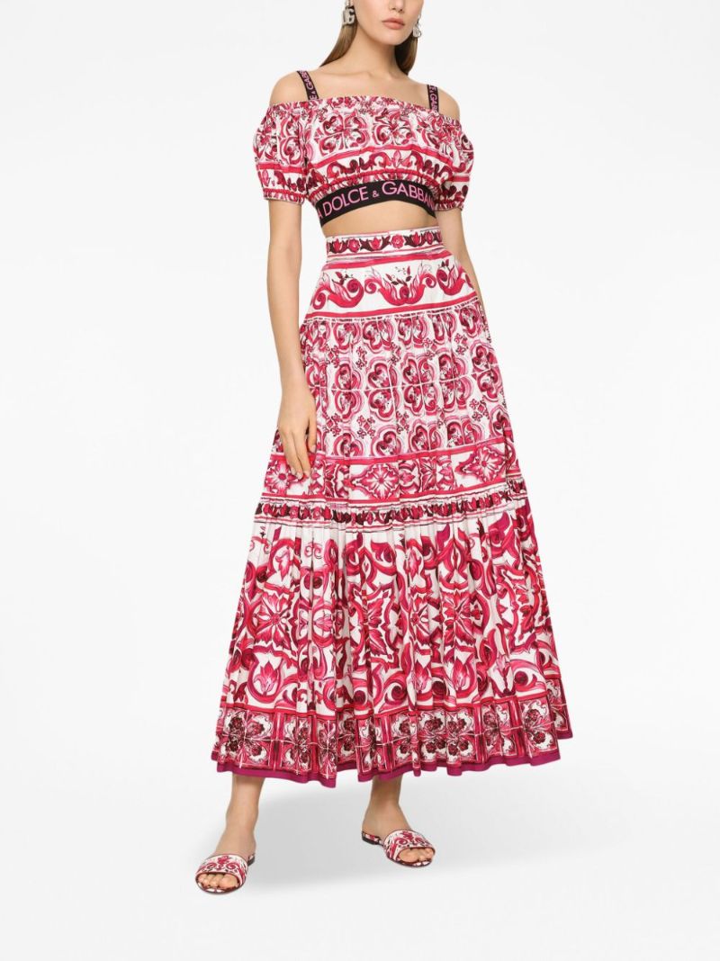White Majolica Print Cropped Blouse