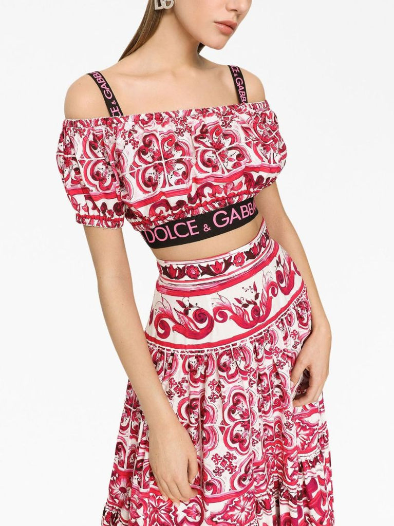 White Majolica Print Cropped Blouse