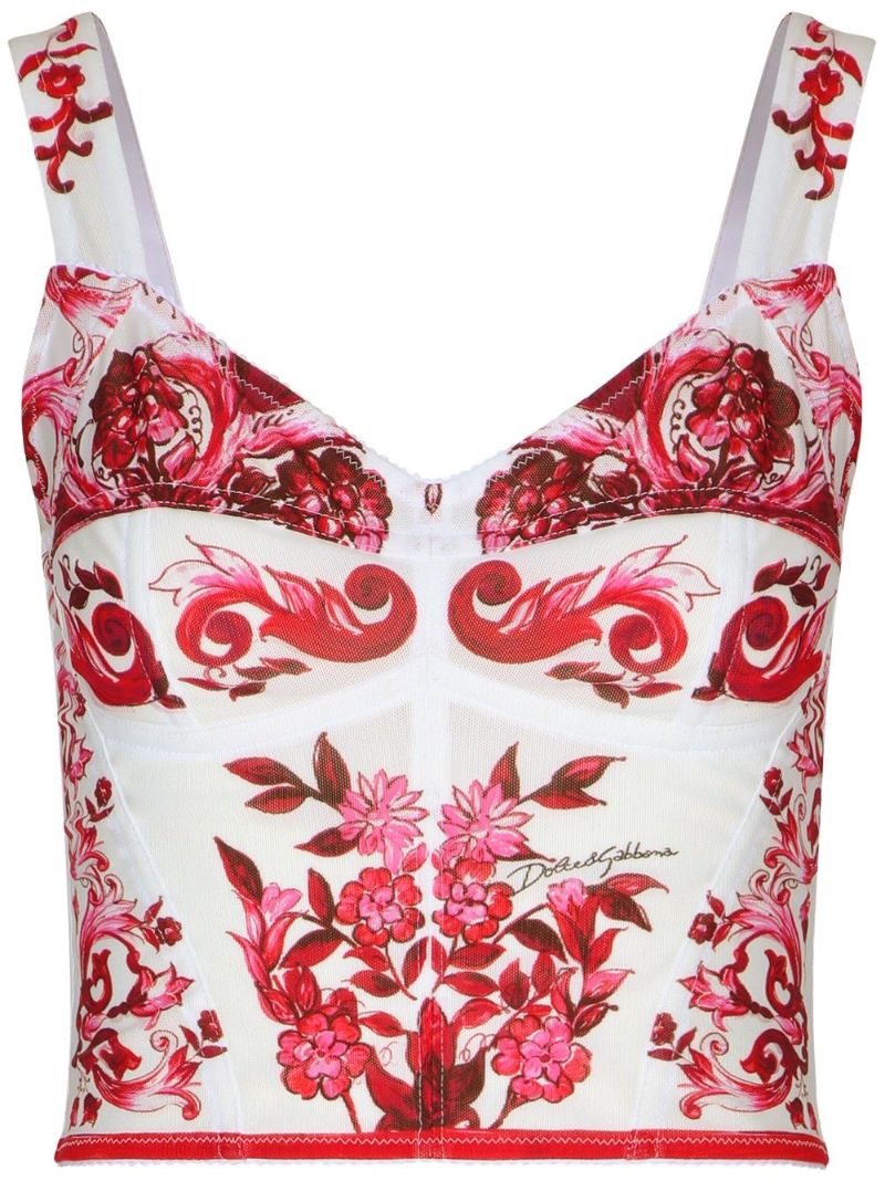White Majolica Print Corset Top