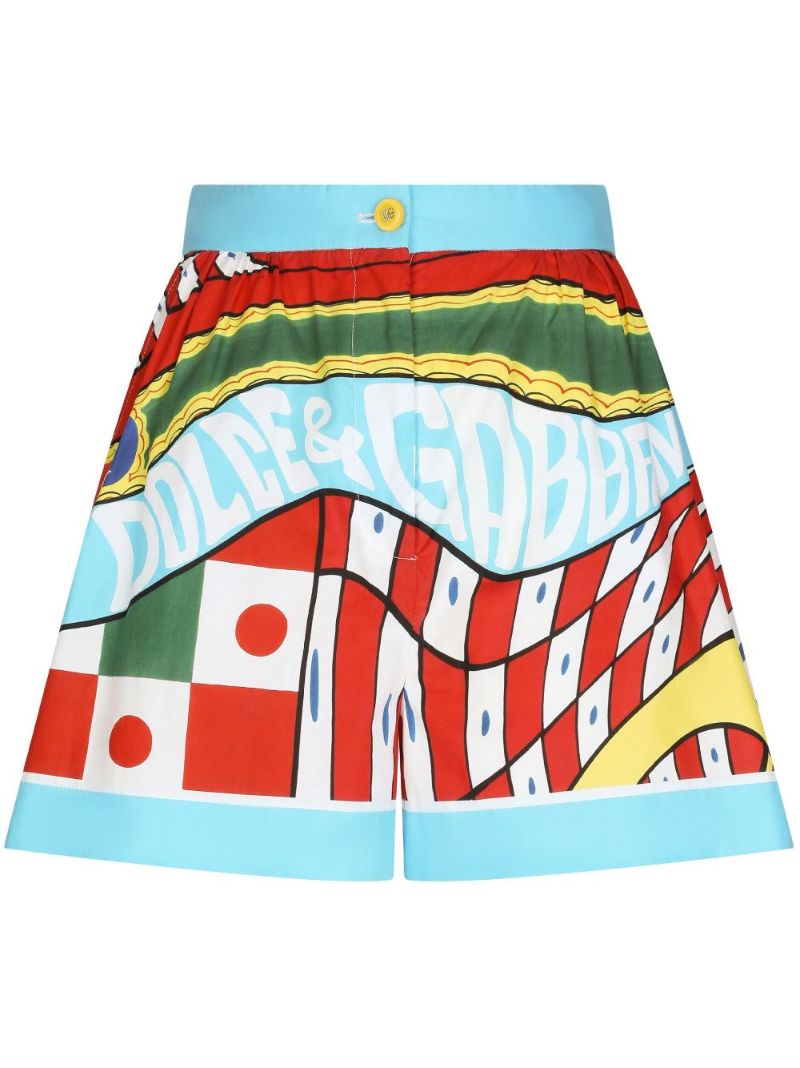 Blue Sicilian Carretto Print Cotton Shorts