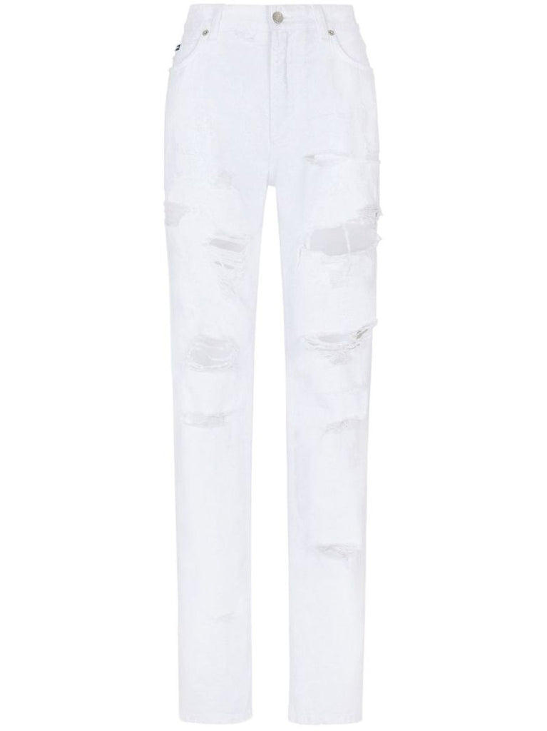 White Distressed Straight-leg Jeans