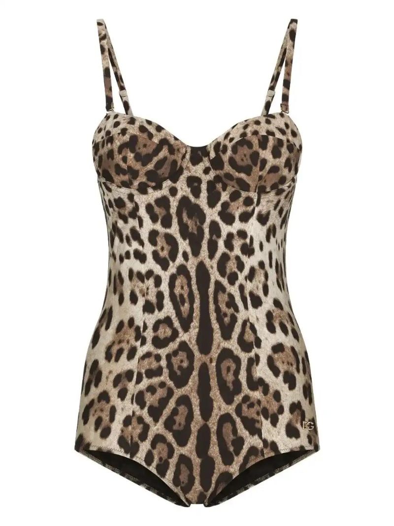 Leopard-print Logo-lettering Swimsuit