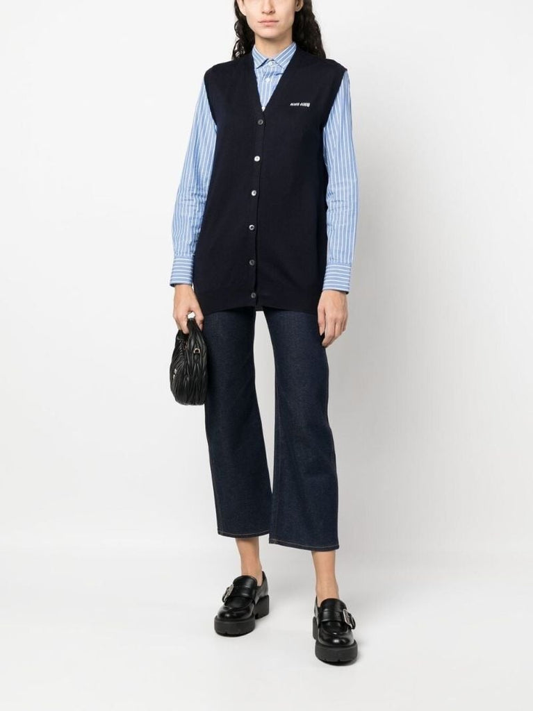 Blue Logo-intarsia Virgin Wool Cardigan