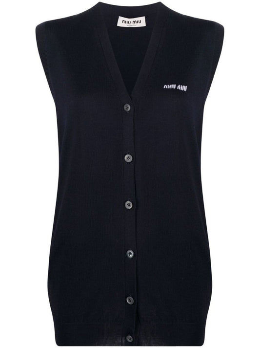 Blue Logo-intarsia Virgin Wool Cardigan