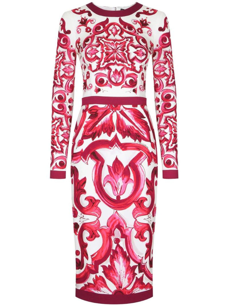 Red Majolica Print Pencil Midi Dress