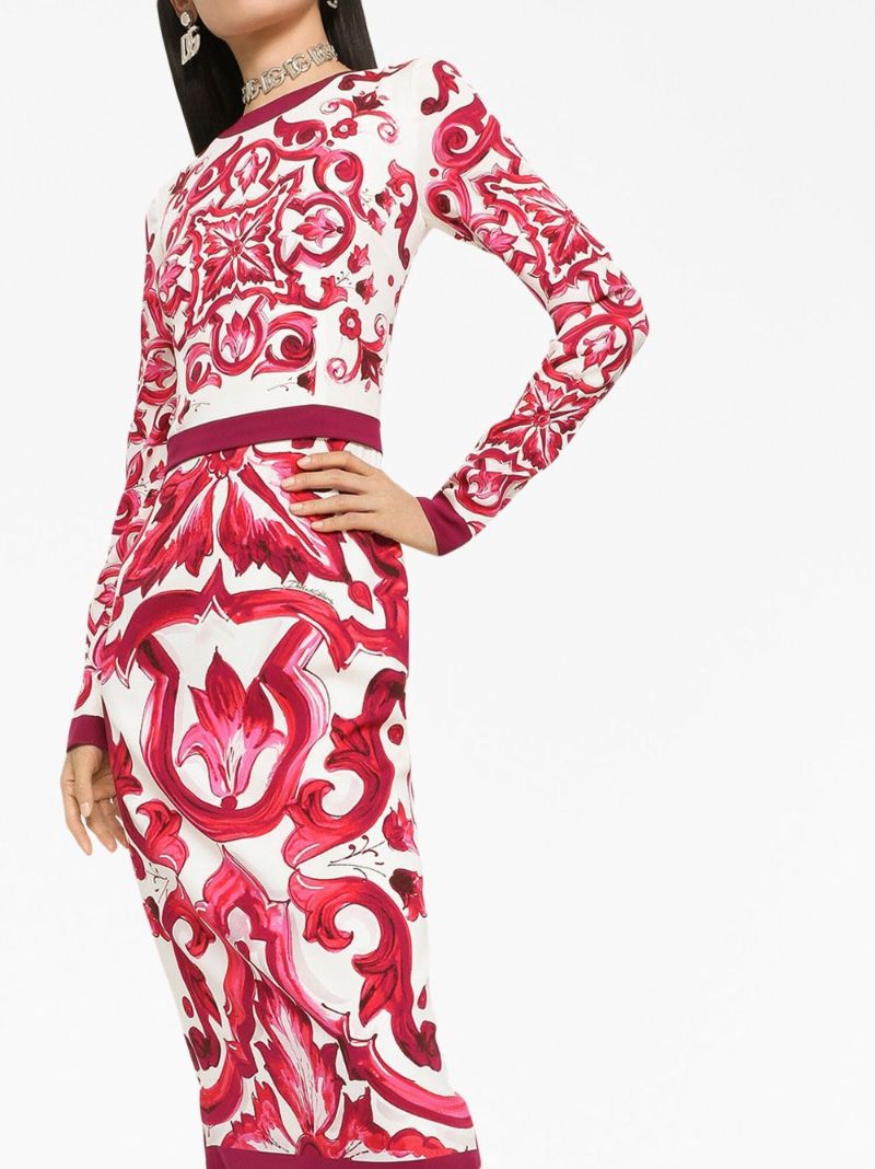 Red Majolica Print Pencil Midi Dress