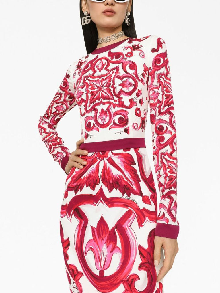 Red Majolica Print Pencil Midi Dress