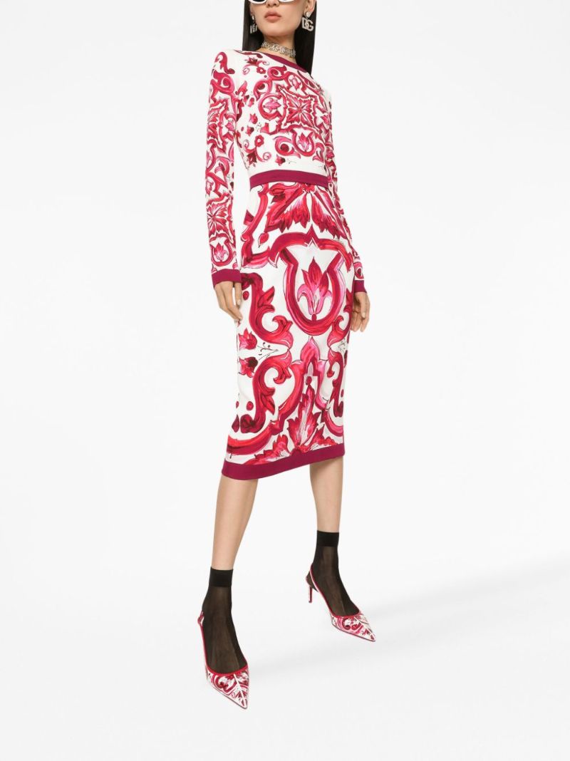 Red Majolica Print Pencil Midi Dress