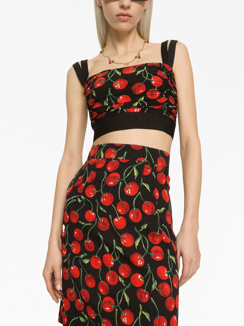 Black Cherry Print Ruched Crop Top